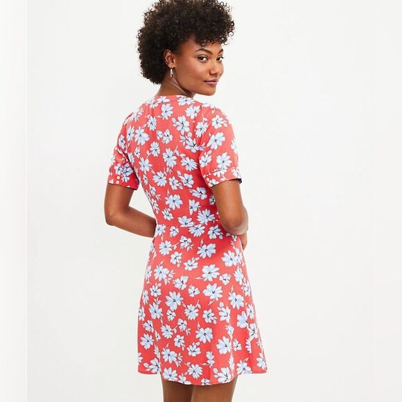 LOFT Floral Flare Retro Shirt Dress Coral Red Blue White Size 14P | 14 Petite - Picture 7 of 14